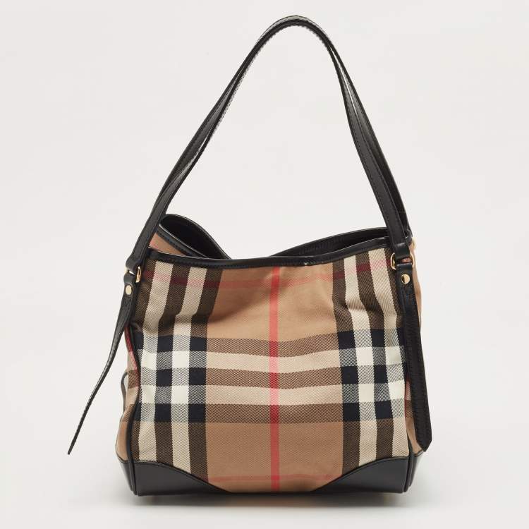 Pre Owned Burberry Black/Beige Leather and House Check Fabric Small Canterbury Tote