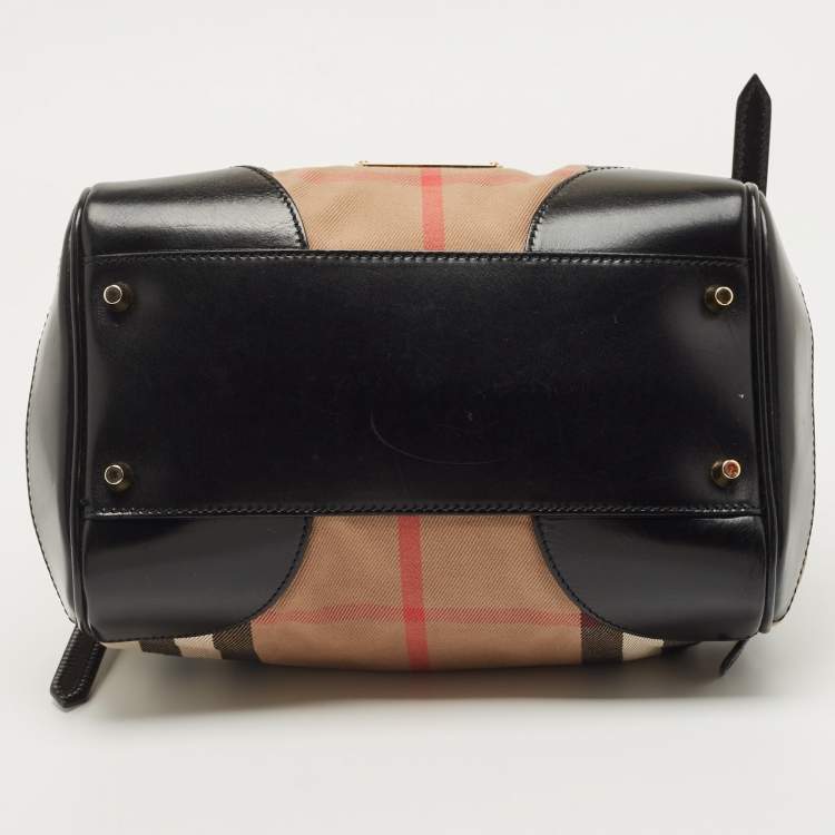 Pre Owned Burberry Black/Beige Leather and House Check Fabric Small Canterbury Tote