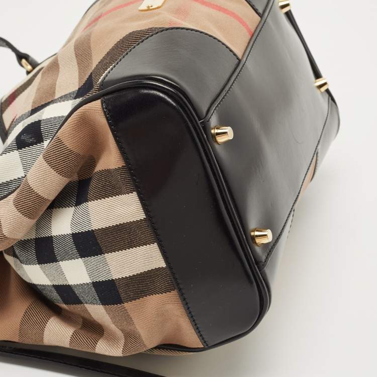 Pre Owned Burberry Black/Beige Leather and House Check Fabric Small Canterbury Tote