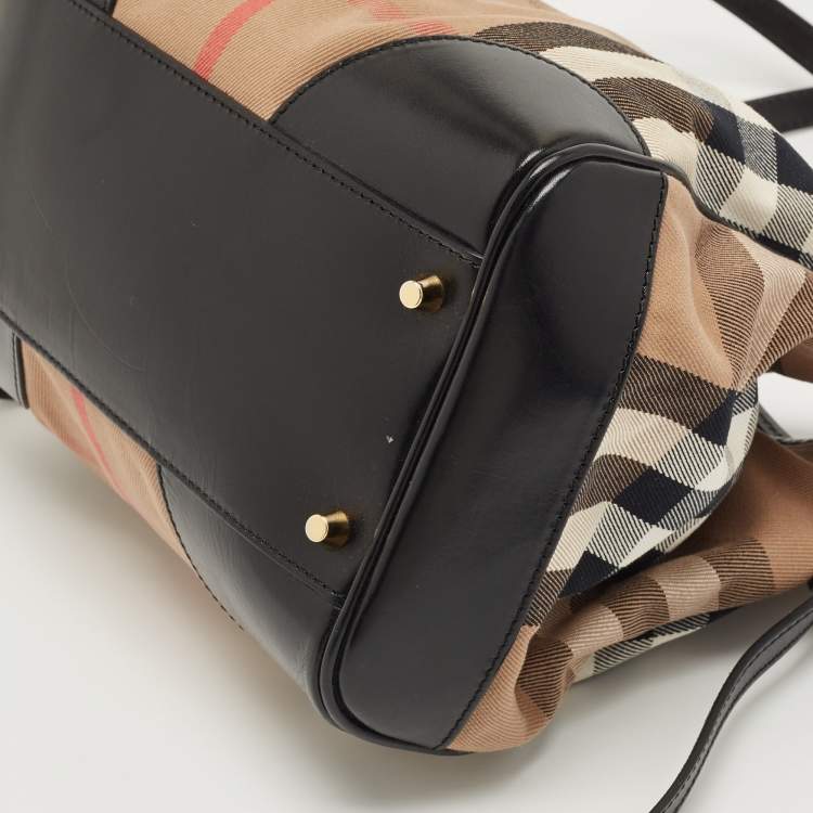 Pre Owned Burberry Black/Beige Leather and House Check Fabric Small Canterbury Tote