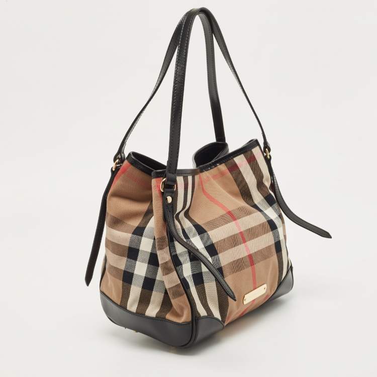 Pre Owned Burberry Black/Beige Leather and House Check Fabric Small Canterbury Tote