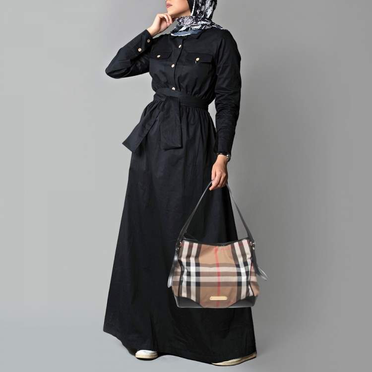Pre Owned Burberry Black/Beige Leather and House Check Fabric Small Canterbury Tote