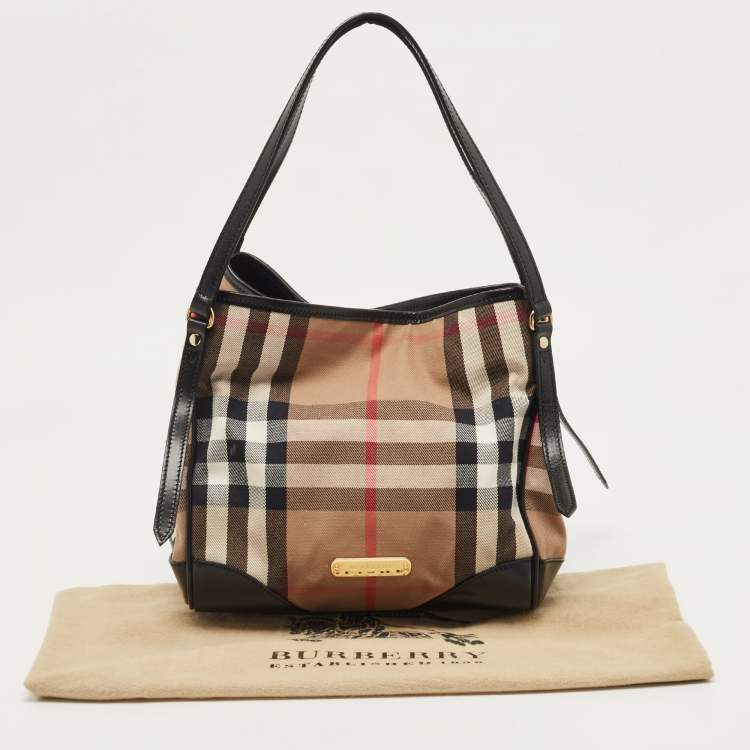 Pre Owned Burberry Black/Beige Leather and House Check Fabric Small Canterbury Tote