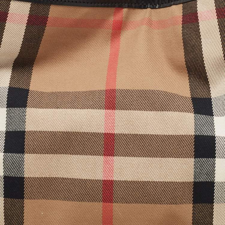 Pre Owned Burberry Black/Beige Leather and House Check Fabric Small Canterbury Tote