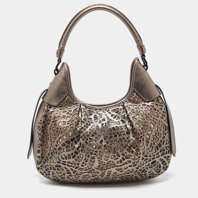 Pre Owned Burberry Metallic/Beige Novacheck PVC and Leather Small Brooklyn Hobo