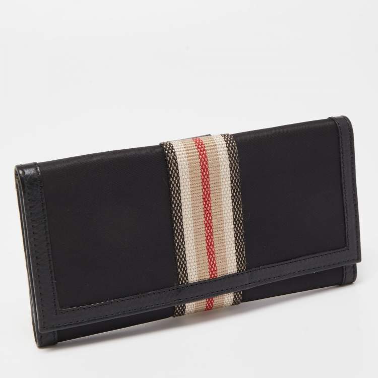 Pre Owned Burberry Black Nylon and Leather Flap Continental Wallet
