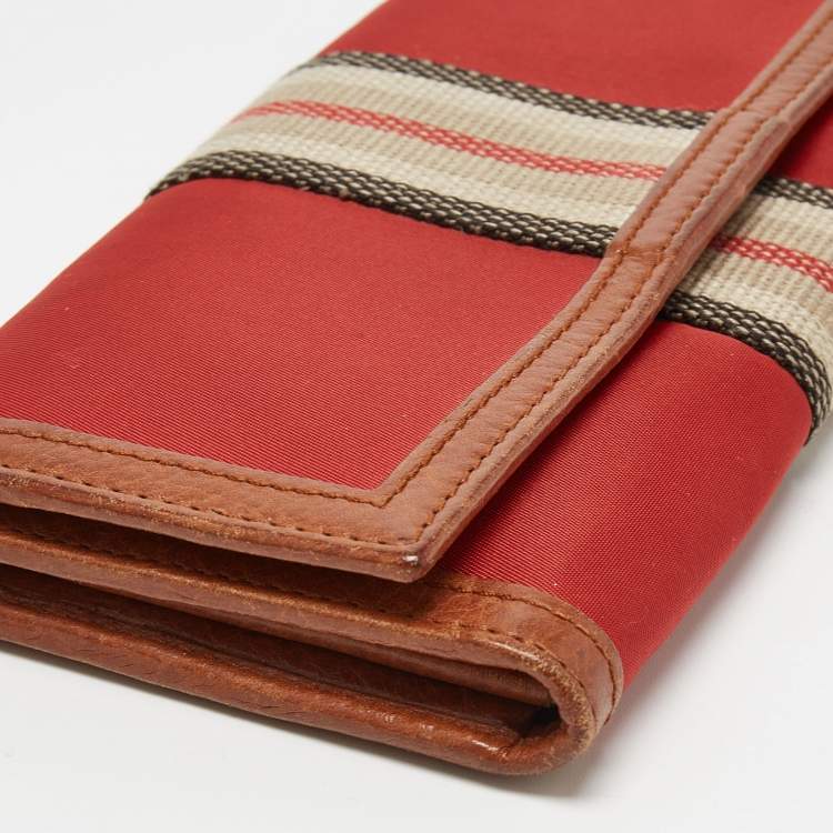 Pre Owned Burberry Red/Brown Nylon and Leather Stripe Flap Continental Wallet