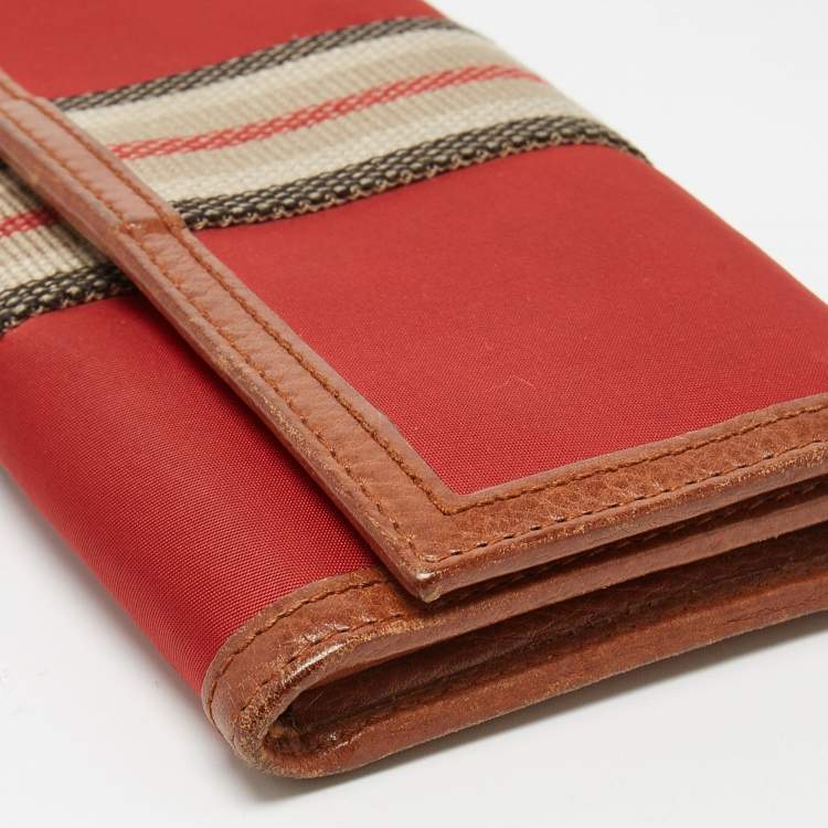 Pre Owned Burberry Red/Brown Nylon and Leather Stripe Flap Continental Wallet