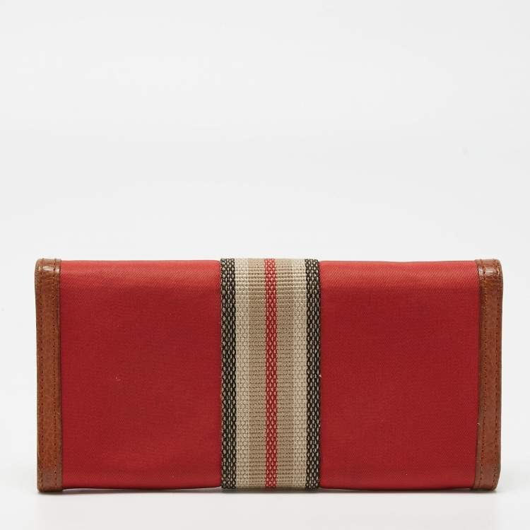 Pre Owned Burberry Red/Brown Nylon and Leather Stripe Flap Continental Wallet