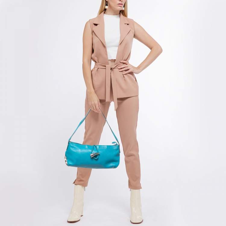 Pre Owned Burberry Blue Leather and House Check PVC Shark Tooth Flap Shoulder Bag