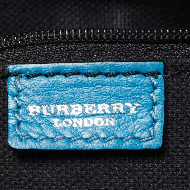 Pre Owned Burberry Blue Leather and House Check PVC Shark Tooth Flap Shoulder Bag