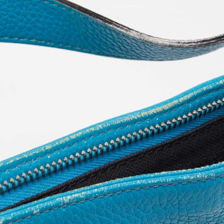 Pre Owned Burberry Blue Leather and House Check PVC Shark Tooth Flap Shoulder Bag