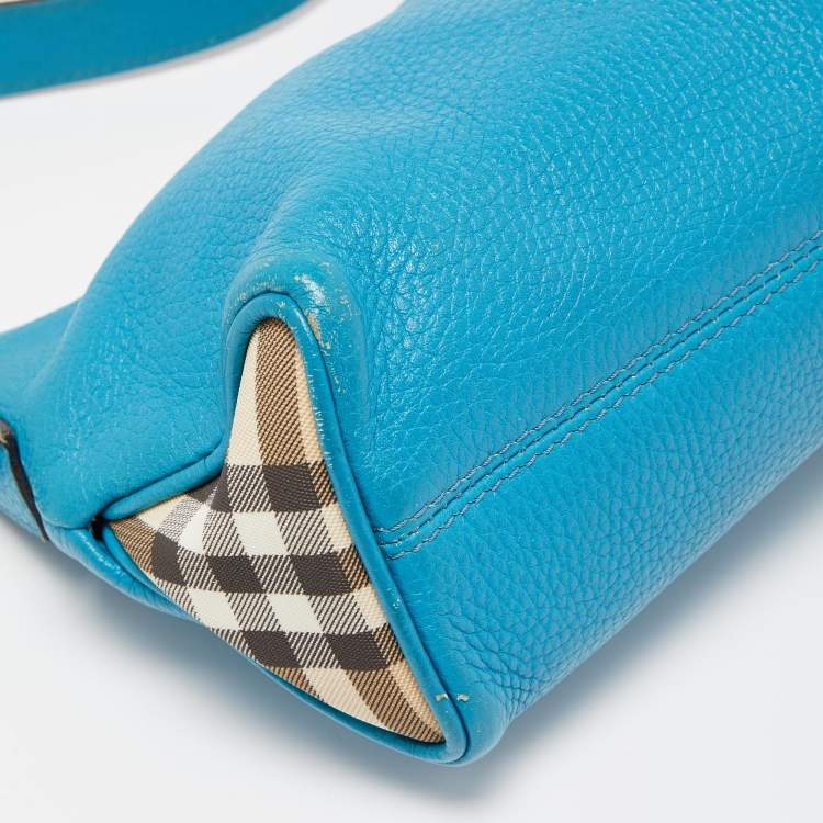 Pre Owned Burberry Blue Leather and House Check PVC Shark Tooth Flap Shoulder Bag