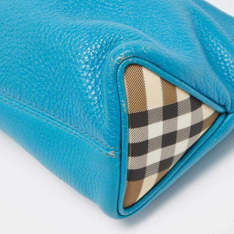 Pre Owned Burberry Blue Leather and House Check PVC Shark Tooth Flap Shoulder Bag