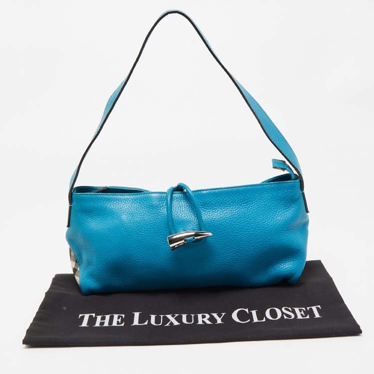 Pre Owned Burberry Blue Leather and House Check PVC Shark Tooth Flap Shoulder Bag