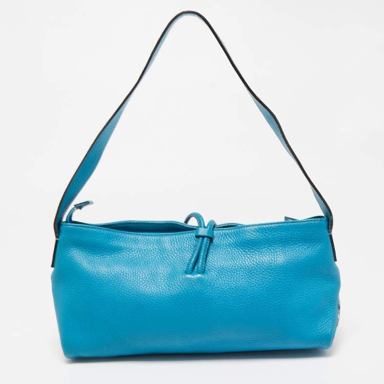 Pre Owned Burberry Blue Leather and House Check PVC Shark Tooth Flap Shoulder Bag