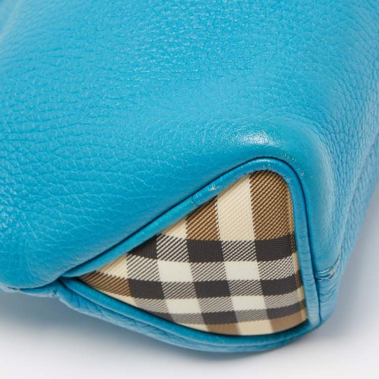 Pre Owned Burberry Blue Leather and House Check PVC Shark Tooth Flap Shoulder Bag