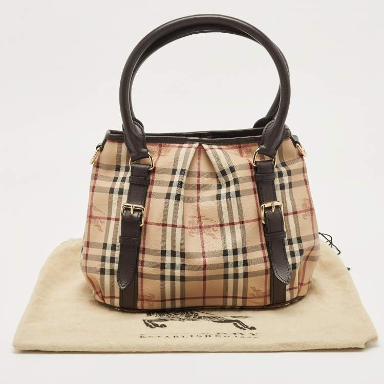 Pre Owned Burberry Dark Brown/Beige Haymarket Check Coated Canvas Small Northfield Tote
