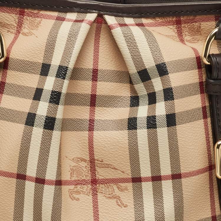 Pre Owned Burberry Dark Brown/Beige Haymarket Check Coated Canvas Small Northfield Tote