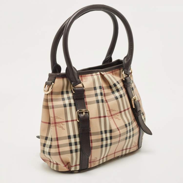 Pre Owned Burberry Dark Brown/Beige Haymarket Check Coated Canvas Small Northfield Tote