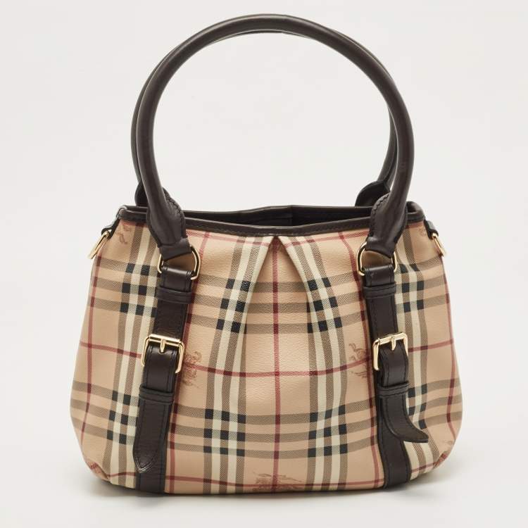 Pre Owned Burberry Dark Brown/Beige Haymarket Check Coated Canvas Small Northfield Tote