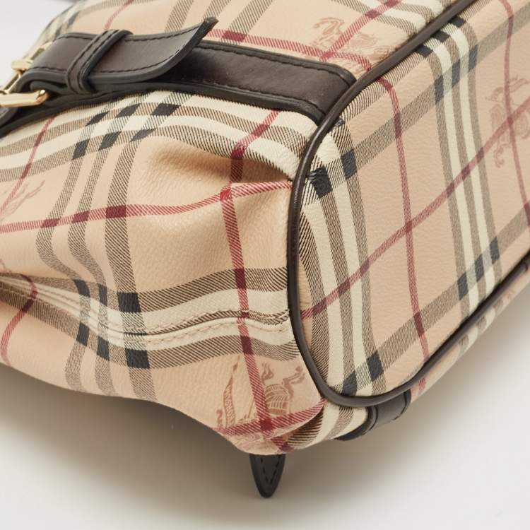 Pre Owned Burberry Dark Brown/Beige Haymarket Check Coated Canvas Small Northfield Tote