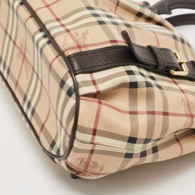 Pre Owned Burberry Dark Brown/Beige Haymarket Check Coated Canvas Small Northfield Tote