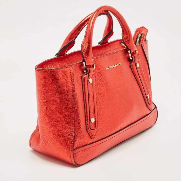 Pre Owned Burberry Metallic Red Leather Somerford Convertible Tote