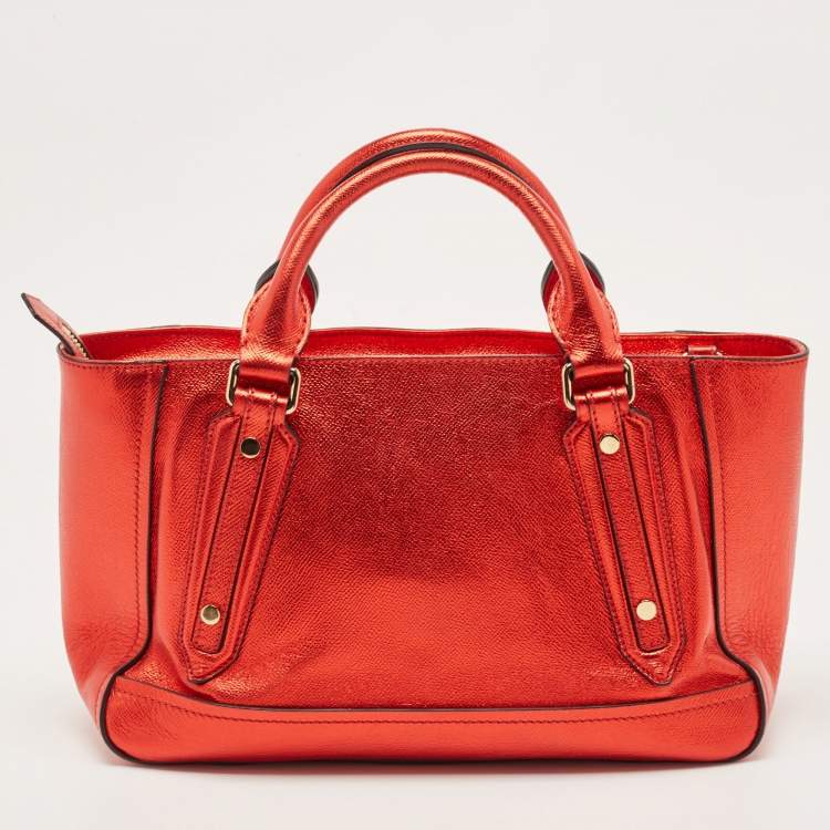 Pre Owned Burberry Metallic Red Leather Somerford Convertible Tote