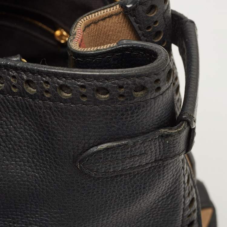 Pre Owned Burberry Black Leather and House Check Fabric Banner Tote