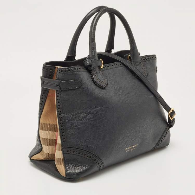 Pre Owned Burberry Black Leather and House Check Fabric Banner Tote