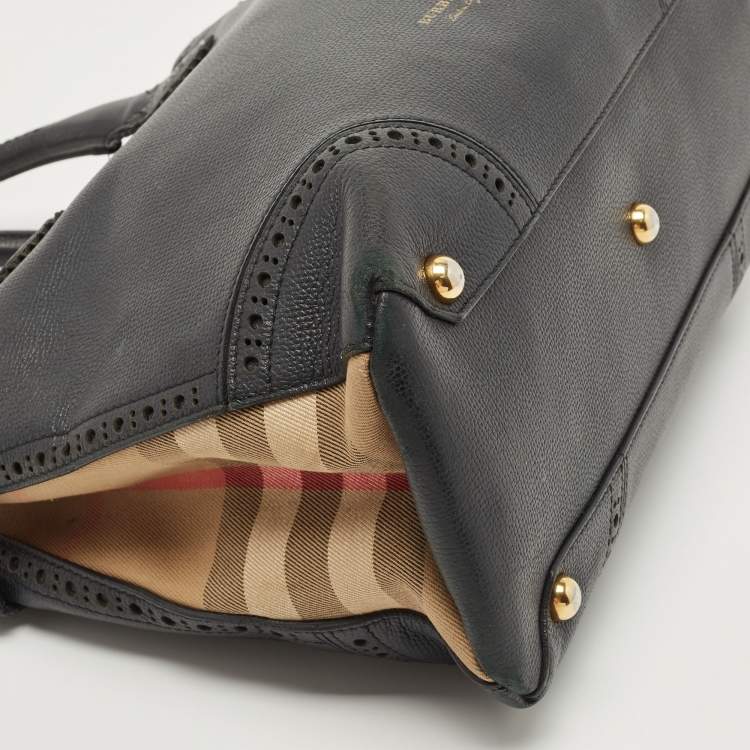Pre Owned Burberry Black Leather and House Check Fabric Banner Tote