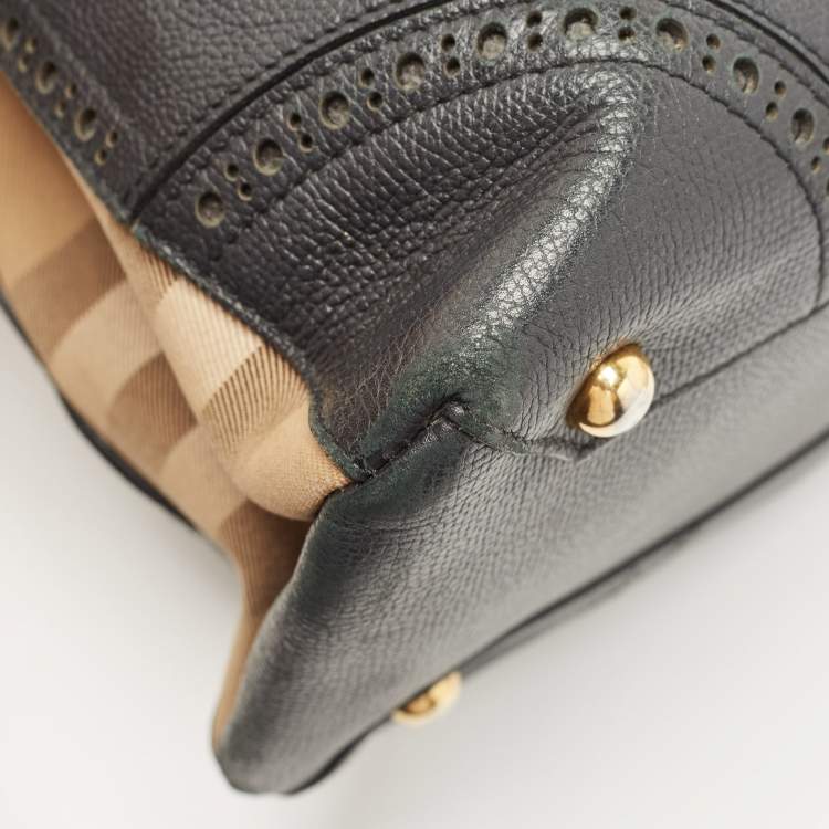 Pre Owned Burberry Black Leather and House Check Fabric Banner Tote