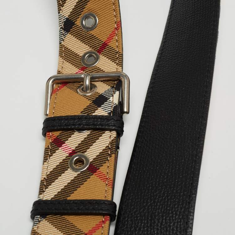Pre Owned Burberry Black Leather and House Check Fabric Mini Banner Tote