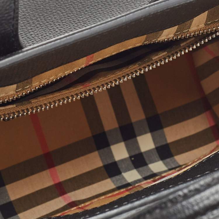 Pre Owned Burberry Black Leather and House Check Fabric Mini Banner Tote