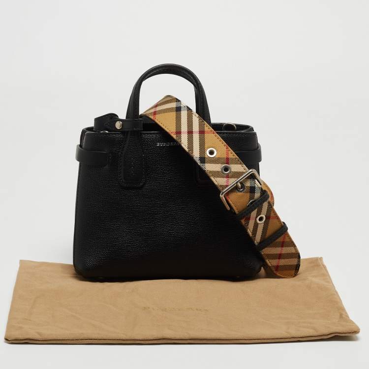 Pre Owned Burberry Black Leather and House Check Fabric Mini Banner Tote