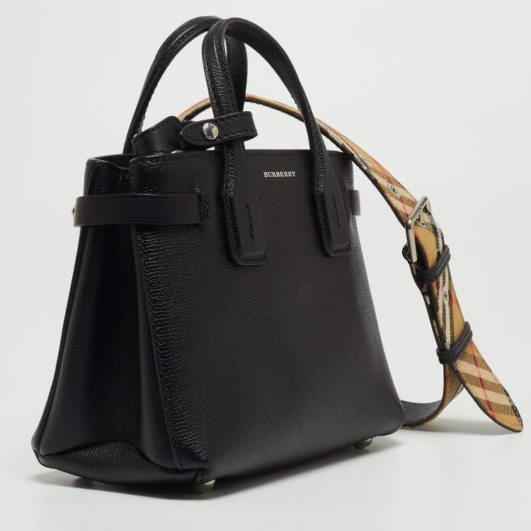 Pre Owned Burberry Black Leather and House Check Fabric Mini Banner Tote
