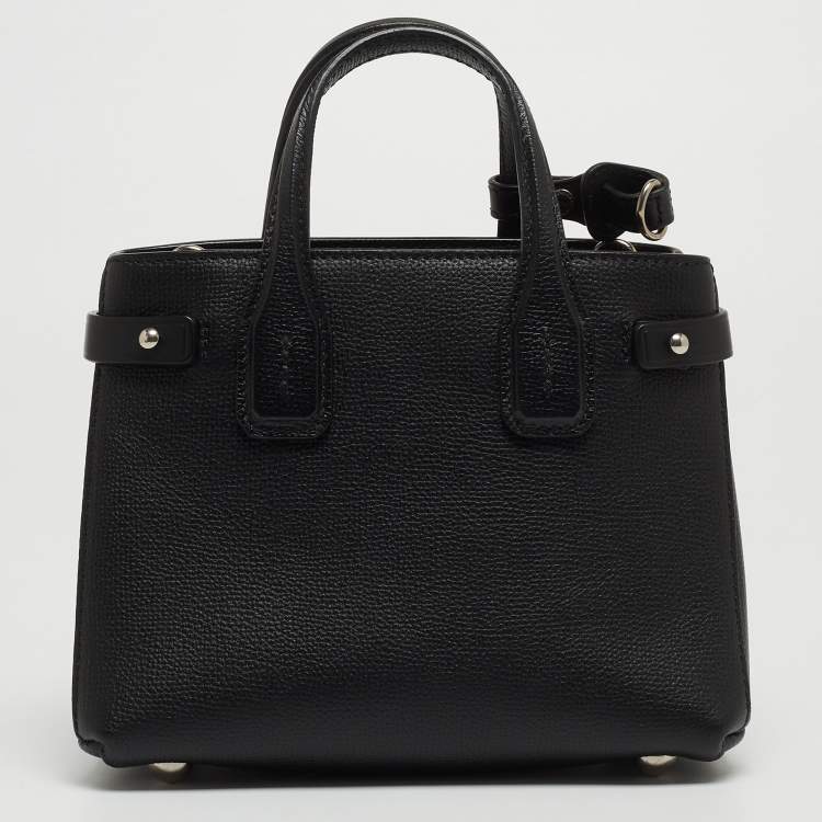 Pre Owned Burberry Black Leather and House Check Fabric Mini Banner Tote