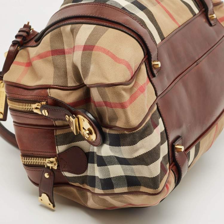 Pre Owned Burberry Brown/Beige House Check Canvas and Leather Ashbury Knight Duffel Bag