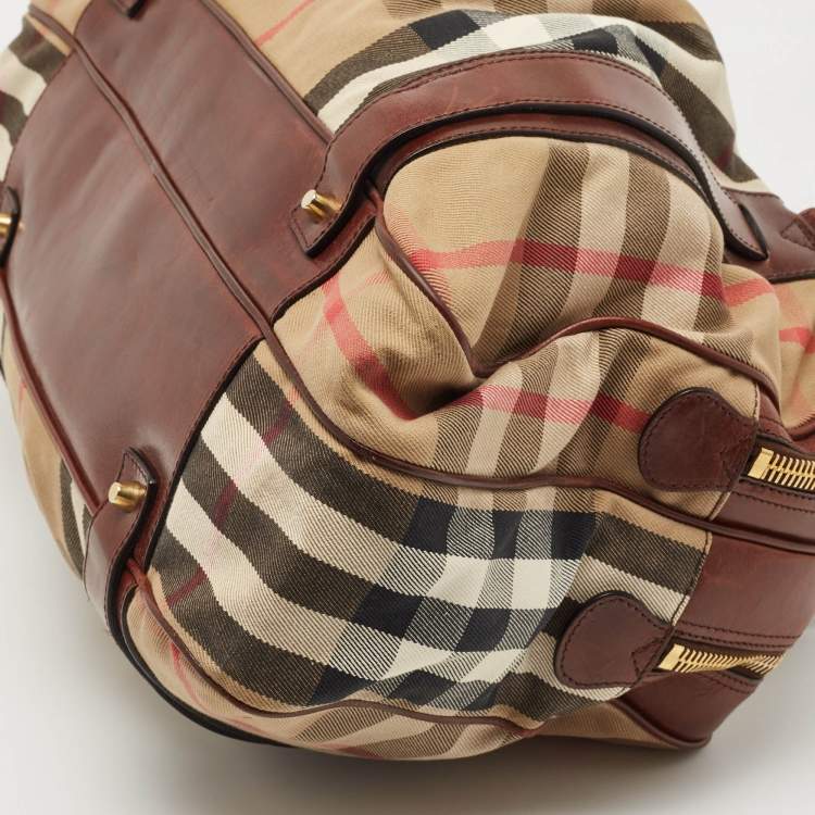 Pre Owned Burberry Brown/Beige House Check Canvas and Leather Ashbury Knight Duffel Bag