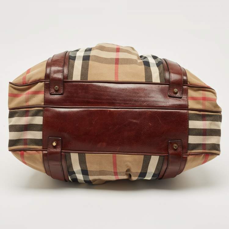 Pre Owned Burberry Brown/Beige House Check Canvas and Leather Ashbury Knight Duffel Bag