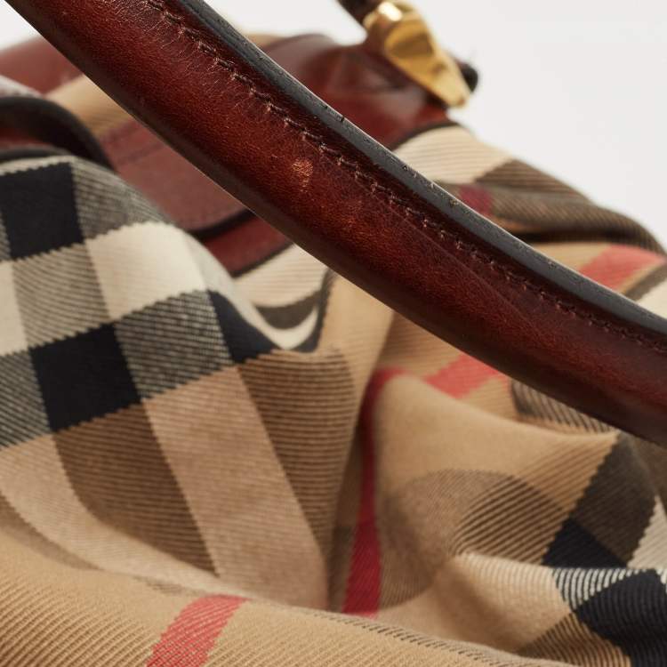 Pre Owned Burberry Brown/Beige House Check Canvas and Leather Ashbury Knight Duffel Bag