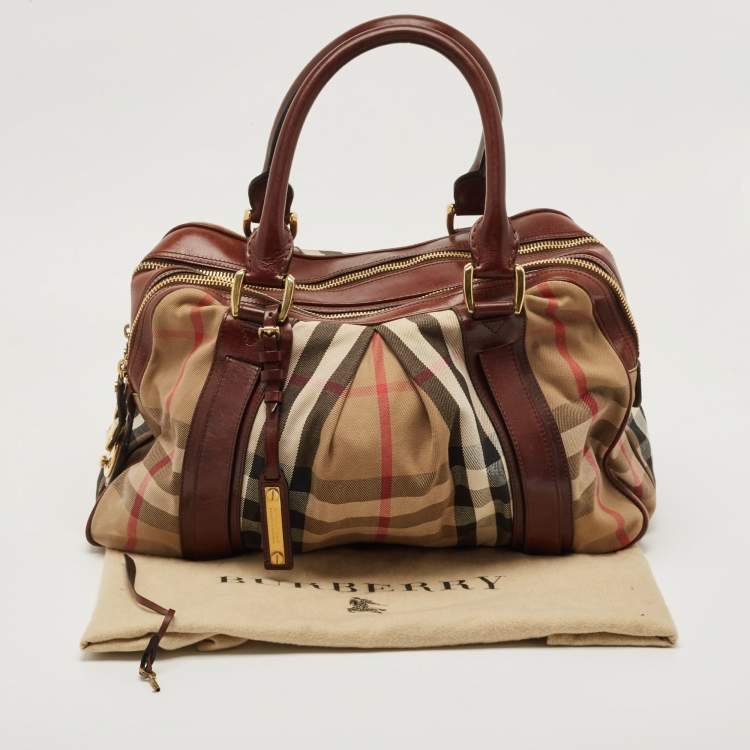 Pre Owned Burberry Brown/Beige House Check Canvas and Leather Ashbury Knight Duffel Bag