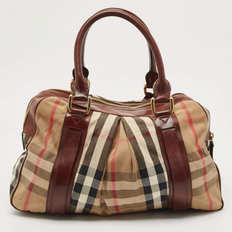 Pre Owned Burberry Brown/Beige House Check Canvas and Leather Ashbury Knight Duffel Bag