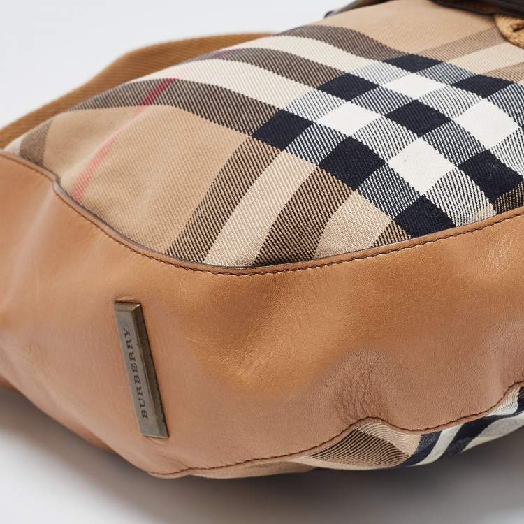 Pre Owned Burberry Tan/Beige House Check Canvas and Leather Hobo