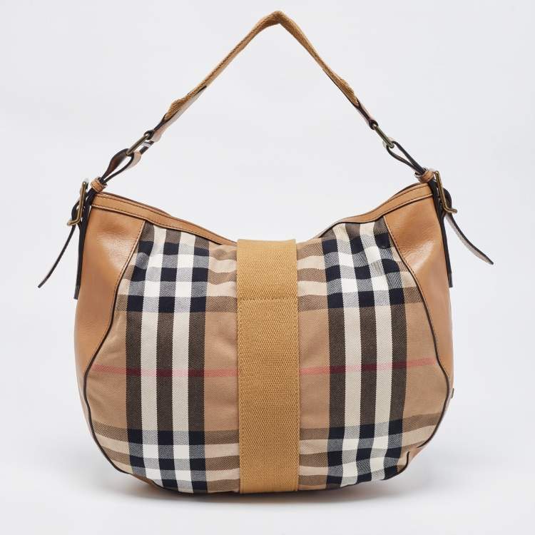 Pre Owned Burberry Tan/Beige House Check Canvas and Leather Hobo
