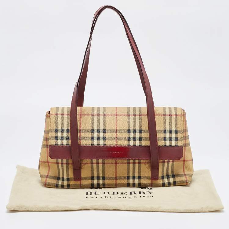 Pre Owned Burberry Beige/Burgundy Haymarket PVC and Leather Flap Tote
