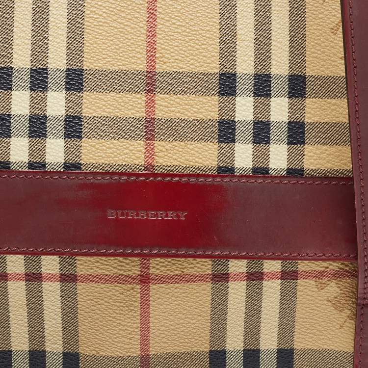 Pre Owned Burberry Beige/Burgundy Haymarket PVC and Leather Flap Tote