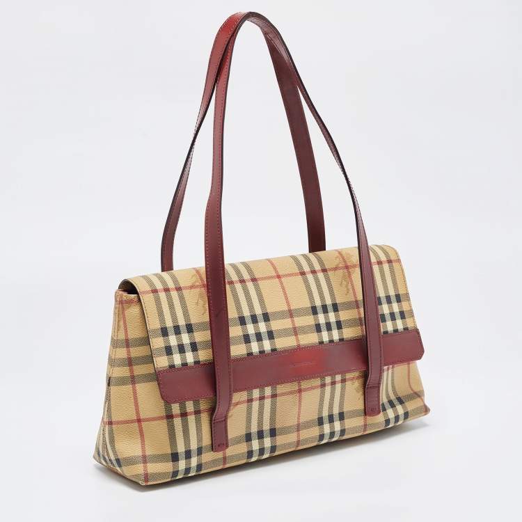 Pre Owned Burberry Beige/Burgundy Haymarket PVC and Leather Flap Tote