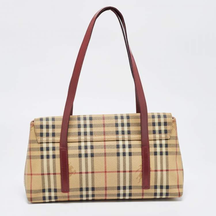 Pre Owned Burberry Beige/Burgundy Haymarket PVC and Leather Flap Tote